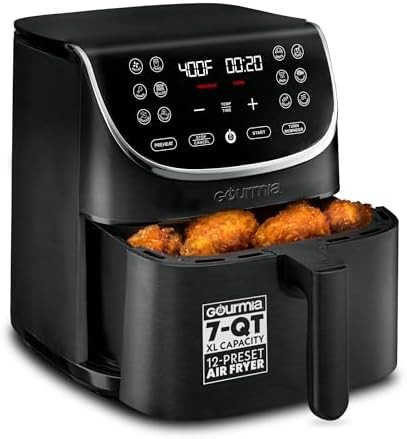 Black seven quart air fryer with twelve presets