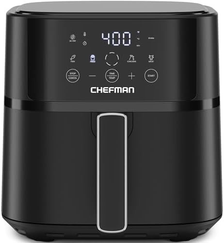 Black six quart air fryer with touchscreen