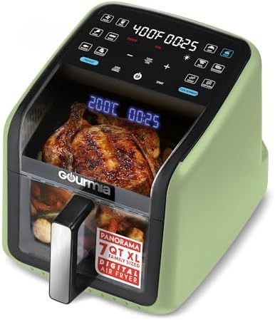 Green 7 qt basket air fryer with viewing window