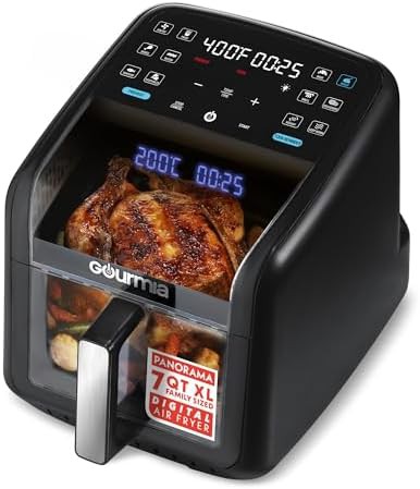 Black 6 qt basket air fryer with viewing window