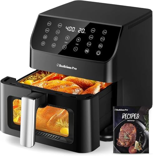 Black digital air fryer with viewing window